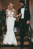 See Through Long Sleeve Mermaid Wedding Dresses Lace Applique Bridal Dress