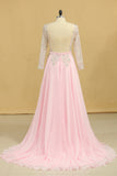 2024 Plus Size A Line Chiffon Prom Dresses Bateau Long Sleeves With Beads & Applique