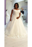 Tulle A Line With Applique Court Train Wedding Dresses Cap Sleeves