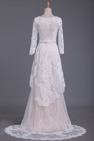 2024 Asymmetrical Wedding Dresses V Neck Mid-Length Sleeves With Applique And Sash Tulle