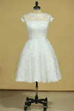 2024 Plus Size Scoop Short Sleeve Knee-Length A Line Lace With Sash Wedding Dresses