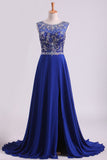 2024 Dark Royal Blue A-Line Bateau Sweep Train Chiffon&Lace Prom Dresses With Slit