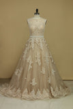 2024 Chapel Train Wedding Dresses Bateau Tulle With Applique And Sash A Line