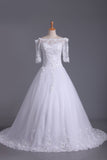 2024 Mid-Length Sleeves Boat Neck Wedding Dresses A Line Tulle With Applique And Beads