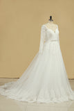 2024 A Line Long Sleeves Wedding Dresses Tulle With Applique And Sash Sweep Train