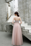 A Line Floor Length Spaghetti Straps Tulle Prom Dress With Beads