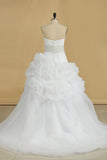 2024 A Line Wedding Dress Sweetheart Ruffles Court Train Beaded Belt Covered Buttons