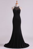 2024 Black Prom Dresses Scoop Mermaid Spandex With Beading Sweep Train