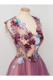 Tulle Flower A Line Prom Dresses Scoop Neck Appliqued Party Dress