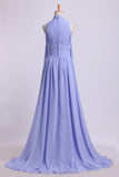 High Neck Prom Dresses Pleated Bodice A-Line Chiffon Sweep Train