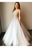 Tulle V Neck Ball Gown With Re-Embroidered Lace Appliques Prom/Wedding Dresses