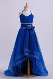 2024 Dark Royal Blue Halter A Line High Low Flower Girl Dresses Beaded Tulle