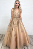 2024 Prom Dress Tulle A-Line V-Neck Sweep Train With Appliques