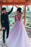 V-Neck A-Line Tulle Long Prom Dresses, Sexy Tulle Long Formal Dress