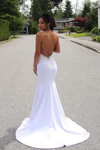 Spaghetti Straps Mermaid Wedding Dress With Appliques, Sexy Backless Bridal Dresses