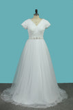 2024 Short Sleeves V Neck Wedding Dresses Tulle & Lace With Beading