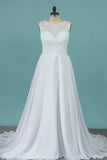 2024 A Line Scoop Chiffon Wedding Dresses With Applique Sweep Train