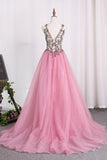 2024 Straps Prom Dresses A Line Tulle With Beading And Slit New Arrival