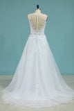 2024 Organza Scoop With Applique Wedding Dresses A Line Sweep Train