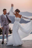 Charming Mermaid Strapless Lace Beach Wedding Dresses with Detachable Train