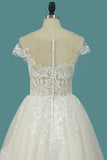 2024 A Line Tulle Wedding Dresses Scoop Cap Sleeve With Applique