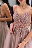 Gorgeous A-Line Spaghetti Straps V Neck Tulle Prom Dresses