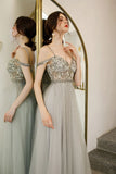 Spaghetti Straps Floor Length Tulle Prom Gowns, A Line Long Party Dress Beads