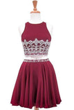 Sweet Party A-Line Scoop Neck Sleeveless Homecoming Dresses Chiffon Belen Beaded Crystals Burgundy Two Piece Short CD10031