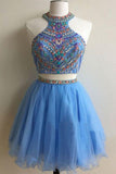 Light Two Pieces Homecoming Dresses Kassidy Blue Organza Beading Sequins A-Line Short For Teens Party Dresses CD10497