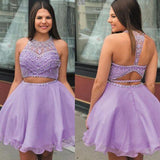 Purple Two Piece Dresses Short 2024 Beaded Halter Sexy Lavender Jackie Homecoming Dresses Graduation Dress CD11563