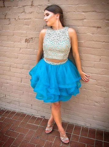 Two Piece Short Blue Jayden Homecoming Dresses Lace Tulle CD13481