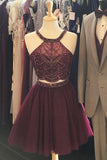 Halter Two Piece Burgundy Beaded Party Dresses Aubrey Homecoming Dresses CD1484