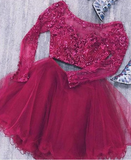 Lace Homecoming Dresses Princess Two Piece Long Sleeves Tulle Short With Beads CD1507