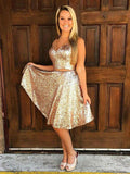 A-Line V-Neck Sleeveless Areli Homecoming Dresses Two Pieces Gold Sequined CD1654