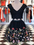 V Neck Dresses Lace Homecoming Dresses Annabella Two Pieces Short Black With Floral CD1881