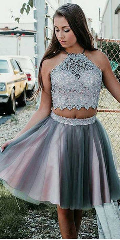 Homecoming Dresses Winifred Lace Grey Short Two Piece Halter Party Dress With CD2105