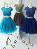 Beautiful Two Piece Stunning Two Piece Jewel Cap Kiera Royal Blue Homecoming Dresses Sleeves Short Organza CD2135