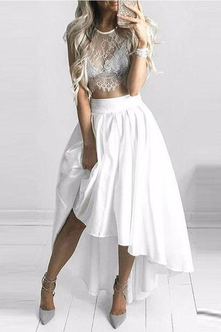 Classy White High Low Lace Sarahi Two Pieces Homecoming Dresses CD22538