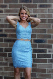 Two Piece Blue Homecoming Dresses Jordyn Lace Tight Short Sheath CD22871