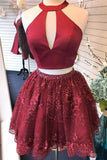 Two Piece Burgundy Beaded Sequins With Cut Out Rachael Homecoming Dresses CD23084