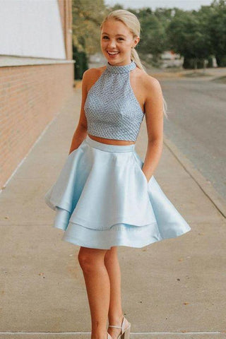 Halter Sleeveless Backless Two Pieces Homecoming Dresses Meg Blue Short CD232