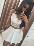 White Two Piece Spaghetti Homecoming Dresses Lace Brittany Straps Short CD24635