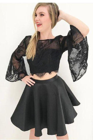 Two Piece Black Short 2 Piece Kate Homecoming Dresses Bell Sleeves CD254