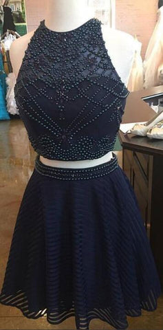 Two Piece Short Navy Blue Beads Grace Homecoming Dresses CD2609