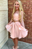 Two Piece Jewel Long Sleeves Short With Party Dress Pink Ireland Lace Homecoming Dresses CD2728