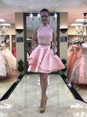 Two Piece High Neck Above-Knee Lace Pink Janey Homecoming Dresses With Pockets CD2832