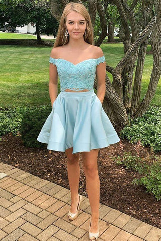 Two Piece Off-The-Shoulder Homecoming Dresses Sabrina Blue With Appliques CD3341