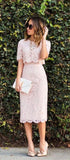 Aurora Homecoming Dresses Cocktail Lace Pink Two Piece Dress Short Sleeves Midi CD3759