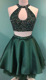 Homecoming Dresses Satin Gia Unique Halter Beaded Green Cute Two Piece CD3805