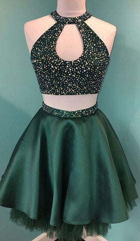 Homecoming Dresses Satin Gia Unique Halter Beaded Green Cute Two Piece CD3805